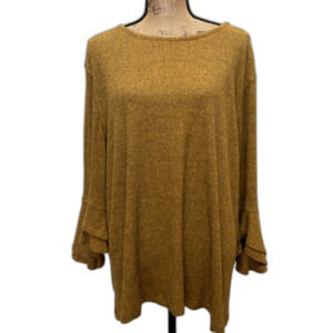 Multiples Ribbed Ruffle Bell Sleeve Blouse Mustard Yellow Fall Boho Plus Size 1X